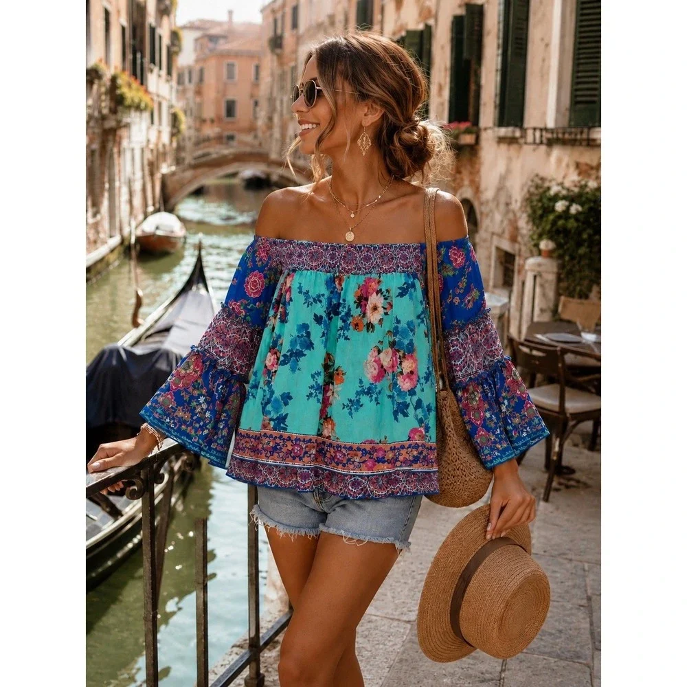 John Mark Boho Riviera On/Off Shoulder Blouse Womens M Blue Floral NEW J23442TM - Picture 1 of 9